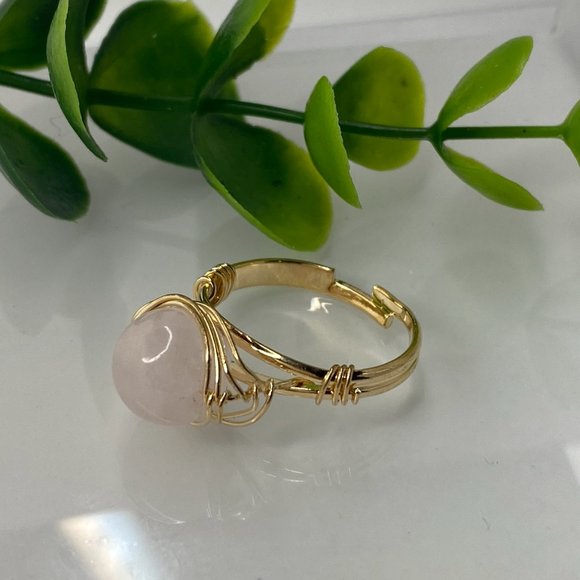 Rose Quartz Gold Color Adjustable Ring - Picture 2 of 3